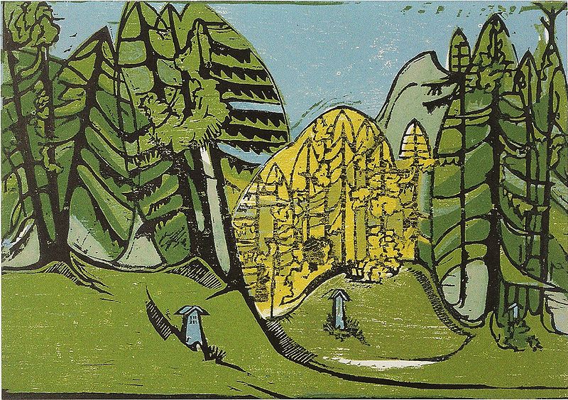 Forest-cemetery - Colour-wood-cut - 35 - 50 cm - Kirchner Museum Davos